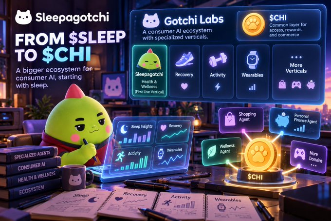 A promotional image for 'Sleepagotchi' and 'Gotchi Labs' featuring a green creature character, with text reading 'FROM $SLEEP TO $CHI' and 'A bigger ecosystem for consumer AI, starting with sleep.'