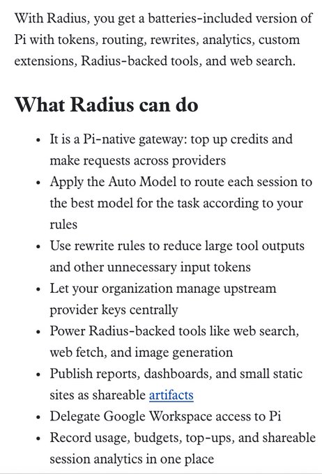 A text excerpt titled 'What Radius can do' lists features of the Radius platform, including Pi-native gateway access, auto model routing, rewrite rules, and web search capabilities.