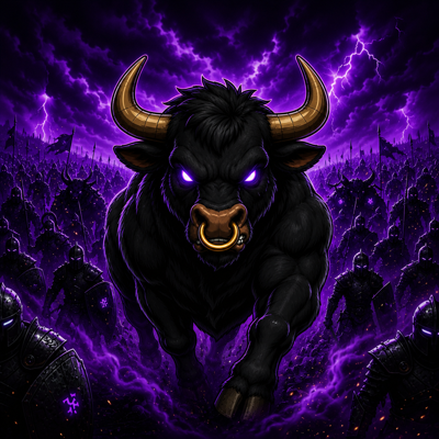 A fearsome black bull with glowing purple eyes and golden horns charges forward through an army of shadowy warriors under a stormy violet sky, evoking aggressive bullish momentum. The dark, power-charged imagery visually reinforces the post's urgent call to share a $SOL wallet address.