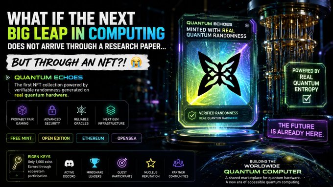 The image shows a poster for an upcoming event related to quantum computing and blockchain technology. The poster features a large black diamond with a purple butterfly symbol on top of a blue planet, accompanied by text that highlights the connection between Quantum Echoes and NFTs (Not Through Art). It also contains additional illustrations and explanations of how @quipnetwork is exploring the world of Quantum Echoes through this innovative method using Ethereum blockchain technology. The overall layout suggests an interesting fusion of artistic and technological elements in a creative poster design, possibly drawing attention to a new market or product offering within the industry.