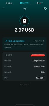 The image shows a mobile payment confirmation screen on the Bitget Wallet app for a top-up transaction of 2.97 USD via Zong Pakistan on the BNB network. It relates to the post by demonstrating the final step of using USDT in Bitget Wallet to purchase mobile airtime or data services through the in-app Shop feature.