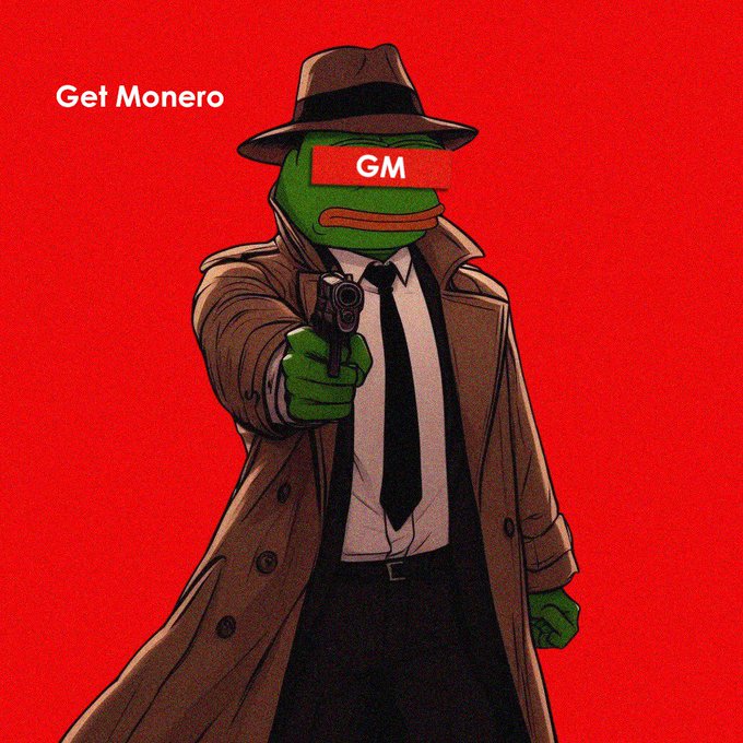 An illustration of the Pepe the Frog character dressed in a trench coat and fedora, pointing a gun forward, with the text 'Get Monero' and 'GM' on a red background.