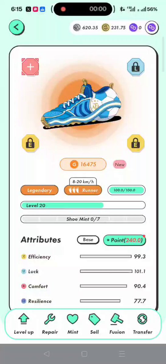 The image shows an app screen with a blue shoe displayed, along with other details such as a timer, a lock icon, and a button labeled "attributes". The background of the image is white, which contrasts with the blue shoe. The text on the screen reads "Stepn", possibly indicating that there are steps to follow or instructions for using the app.