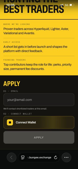 A mobile webpage screenshot titled 'MINING THE BEST TRADERS' from '.bungee.exchange' with an application form requiring email and wallet connection.