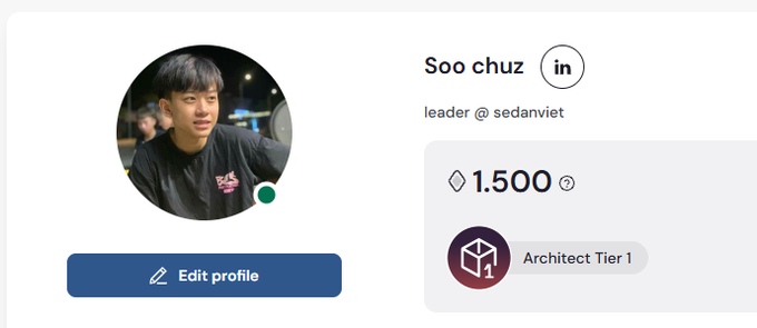 A profile card for 'Soo chuz', leader @ sedanviet, displaying 1.500 (likely a token balance), an 'Architect Tier 1' badge, and an 'Edit profile' button.