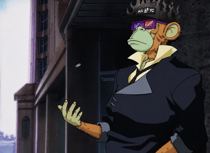 An illustration of a stylized monkey character wearing a black hat labeled 'MAFYC', purple sunglasses, and a dark blue jacket.