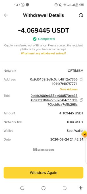 Binance withdrawal details showing a transaction of -4.069445 USDT on the Optimism network.
