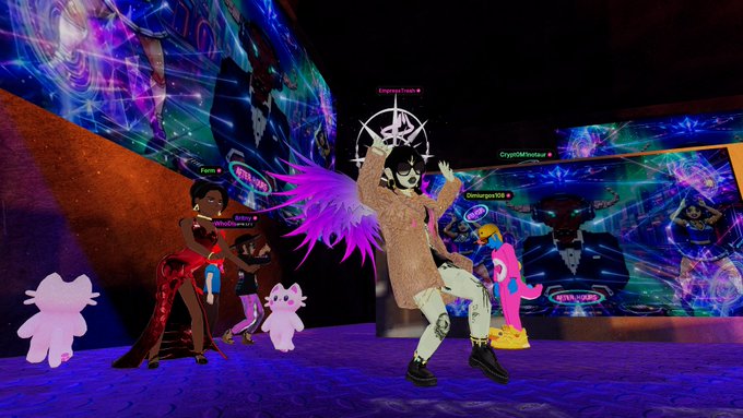 A group of colorful avatars dance at an AFTER-HOURS virtual event in Decentraland, featuring usernames like @AustinDeChene, @Crypt0M1notaur, @8ritny, @fermion_dcl_eth, @Dimiurgos108, and @SinfulMeatStick displayed above their characters against a vibrant, neon-lit backdrop.