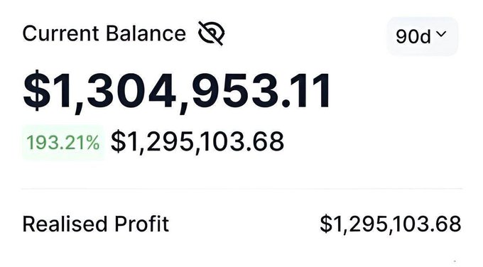 A dashboard screenshot showing a Current Balance of $1,304,953.11 with a 90-day realized profit of $1,295,103.68. The image appears to serve as proof of substantial trading/investment returns to support the post's claim of being able to pay a requested amount.