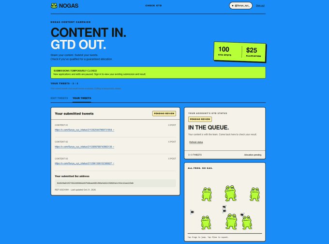A bright blue NOGAS webpage announces “CONTENT IN. GTD OUT.” with a $25 subscription for 100 STR SPOTS and panels for submitted tweets, account status, and a green-alien game area.