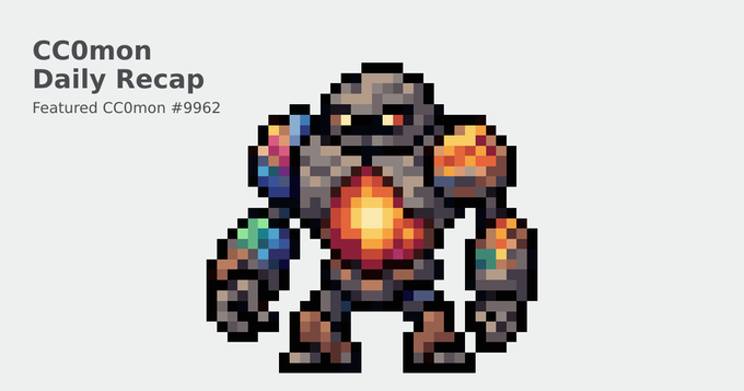 A pixel art character titled 'CC0mon Daily Recap' featuring 'Featured CC0mon #9962', depicting a dark robotic figure with glowing orange chest and multi-colored gem-like accents.