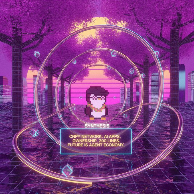A vibrant purple and pink retro-futuristic digital artwork featuring a pixel art penguin labeled "SYNTHESIS" with text reading "CNPY NETWORK: AI APPS, OWNERSHIP, 200 LINES. FUTURE IS AGENT ECONOMY."