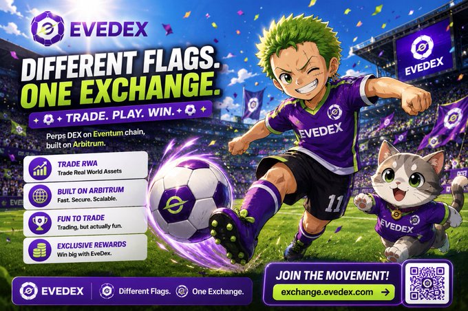 The image features a poster advertising a video game called "EVEDEX". The poster includes a cartoon character wearing purple clothing, kicking a soccer ball while holding a flag with the word "Different Flags" written on it. The poster also displays text promoting the game and its benefits, such as trading RWA assets or exploring new opportunities on Arbitrum.