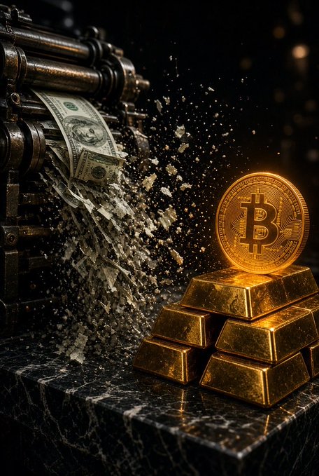 Conceptual image depicting a metal shredder destroying US dollar bills on the left while a golden Bitcoin coin sits atop a stack of gold bars on the right against a dark background.