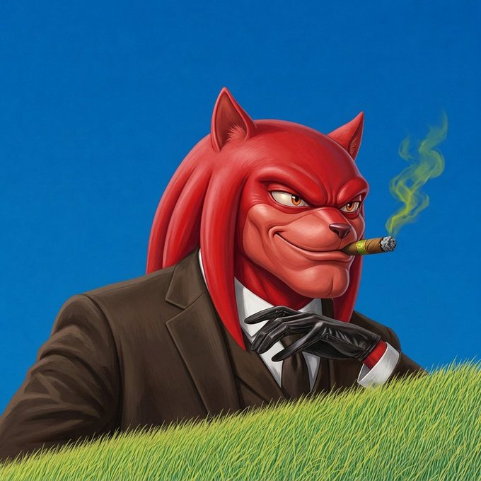 A digital illustration of an anthropomorphic red lion-like character wearing a brown suit and black gloves, smoking a cigar while lying in green grass against a blue sky background.