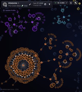 A Bubblemap visualization showing $PENSION token transactions from June 27, 2016, with the wallet label "The Gnome DeaL" and tracking number "119252.62 U" displayed alongside clusters of purple, orange, and blue transaction bubbles. The dense network pattern illustrates the bundled meme token's on-chain activity, supporting the claim about the wallet behind $PENSION's launch.