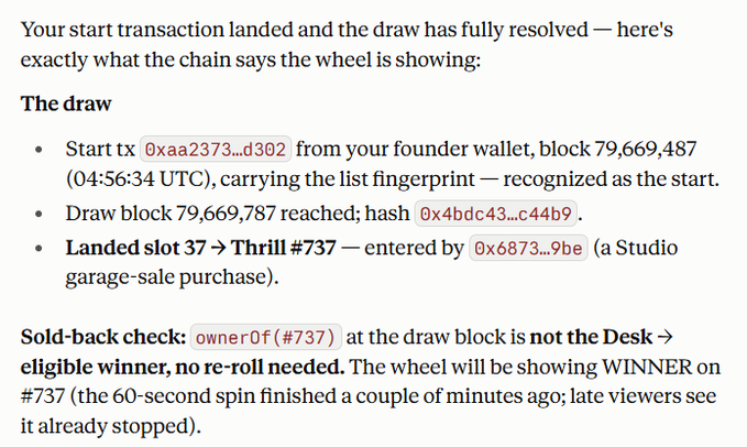 Text document explaining a blockchain transaction draw, detailing a start transaction ('0xaa2373...d302') at block 79,669,487, with the draw landing on slot 37 → Thrill #737, confirming no re-roll is needed as the sold-back check is valid.