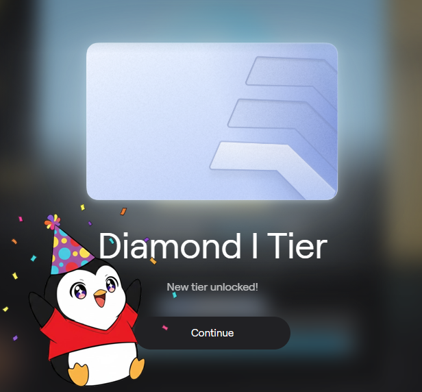 The image features a penguin wearing a party hat sitting next to a computer screen displaying a message about Diamond I Tier. The penguin appears to be happy and excited, possibly because of the new tier unlocked or some other reason related to the post.
