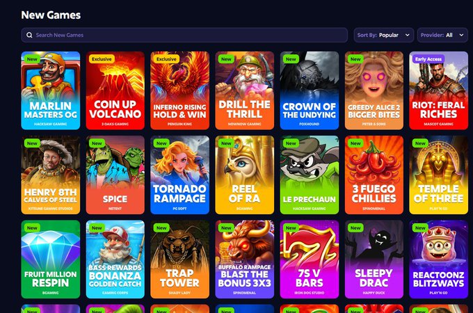 A screenshot of an online casino interface displaying a 'New Games' lobby with titles such as 'Marlin Master's Odyssey', 'Coin Up Volcano', and 'Tornado Rampage'.