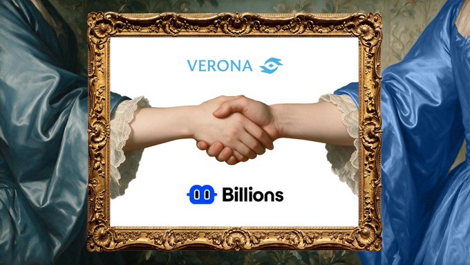 A golden ornate frame surrounds a classical painting of two figures in blue silk shaking hands, with "VERONA" and the "Billions" logo displayed centrally against a white background, symbolizing a partnership between the two platforms to deliver verified agent identity on the Verona network.