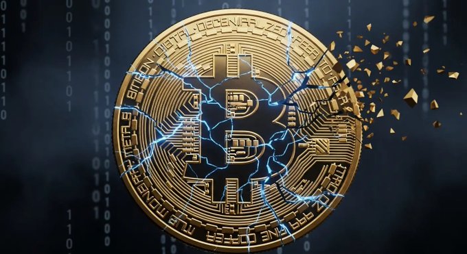A golden Bitcoin coin cracks and shatters against a backdrop of falling binary code, symbolizing the threat quantum computing poses to cryptocurrency's cryptographic security. The imagery aligns with the post's discussion of StarkWare's launch of Quantum Safe Bitcoin (QSB) technology, which transferred 3.1 BTC to defend against future quantum attacks.