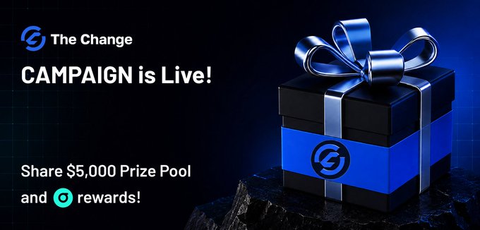 The image is a promotional graphic for "The Change" announcing that their CAMPAIGN is Live!, featuring a black gift box with a blue ribbon and the project's logo, promoting a share of a $5,000 prize pool and rewards to celebrate the launch alongside Sumex.