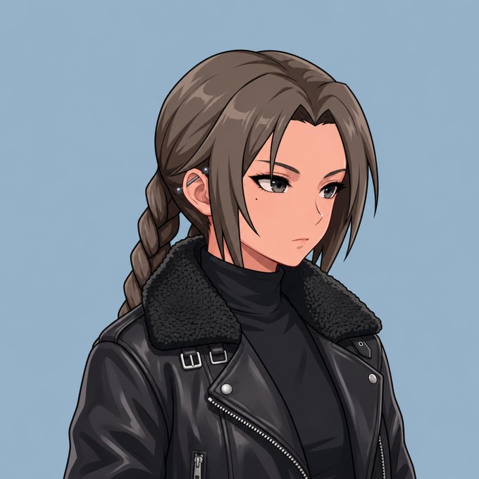 A digital anime-style illustration of a character with brown hair tied in a long braid, wearing a black leather jacket with a fur collar over a dark turtleneck.