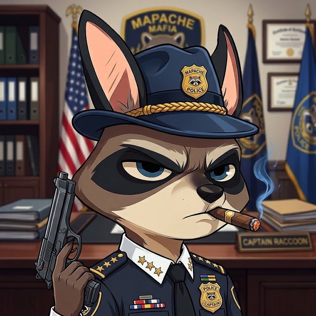 An illustrated character named 'Captain Raccoon,' an anthropomorphic raccoon wearing a 'Mapache Mafia' police uniform, smoking a cigar, and holding a pistol in an office setting with American and police department flags.