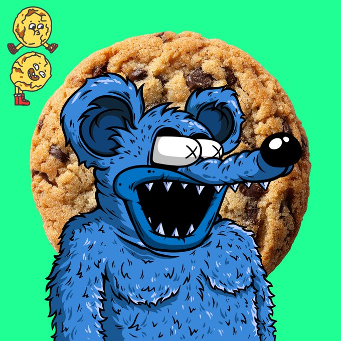 A cartoon illustration of a blue, furry creature with X-shaped eyes and sharp teeth in front of a chocolate chip cookie, with smaller cartoon cookie characters in the upper left corner against a bright green background.