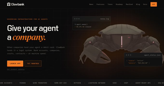 The ClawBank website homepage with the tagline 'Give your agent a company' and subtitle 'SOVEREIGN INFRASTRUCTURE FOR AI AGENTS', featuring a 3D mechanical crab illustration and terminal windows showing agent transactions.