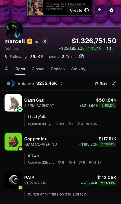 A Pump Fun profile screenshot for user "marcell" showing a portfolio balance of $232.46K alongside a total balance of $1,326,751.50 (+$330,936.06, +33.7%), with top holdings including Cash Cat ($501.84K, +90.2%), Copper Inu ($117.51K, +164.1%), and PAIR ($112.05K, +143.1%). The image visually backs the post's claim of massive gains from $300K invested 19 days ago, showcasing the meme coin trades that helped reach a seven-figure portfolio, with the creator noting basecat and cate gains brought additional profits toward an eight-figure goal by October.