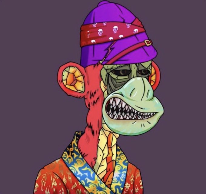 Digital artwork of a Bored Ape-style NFT character wearing a purple beanie with a skull-patterned bandana and a colorful patterned robe.