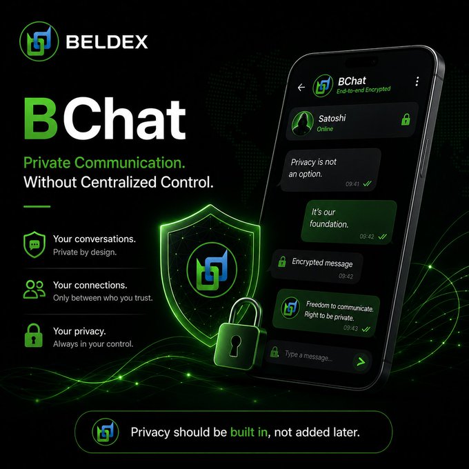 Advertisement for BELDEX's BChat messaging app, emphasizing 'Private Communication. Without Centralized Control.' with a phone displaying an encrypted chat interface and the tagline 'Privacy should be built in, not added later.'