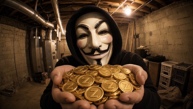 A person wearing a Guy Fawkes mask holds out a large handful of gold coins with 'Z' symbols in a dimly lit basement setting.