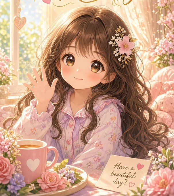 A cheerful anime-style girl with long brown hair and floral hair accessories waves hello while holding a pink heart-patterned mug of coffee, surrounded by blooming flowers and a note reading "Have a beautiful day! ♥"

The image's warm, inviting aesthetic of a cozy morning greeting pairs loosely with the post's friendly "Morning homies" opener, though the illustration's sweet, sentimental tone contrasts with the post's technical discussion about real compute and network security.