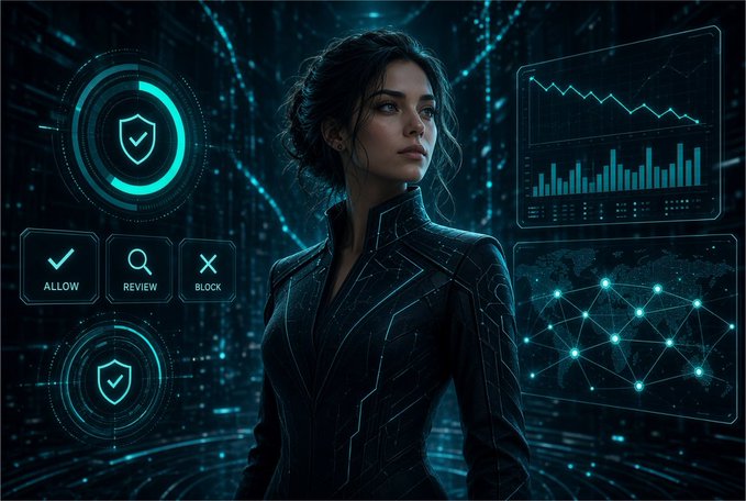 A digital illustration of a woman in futuristic attire standing in a high-tech environment, flanked by holographic interface panels displaying security controls (Allow, Review, Block), charts, and network maps.