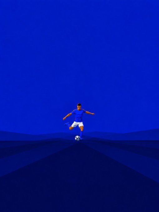 A soccer player in blue kicks a ball across a vast blue field, symbolizing the forward momentum and opportunity highlighted in the reminder to check Rewards.
