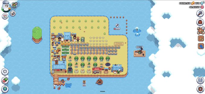 A pixel art farming/island simulation game showing a colorful island with crops, buildings, trees, and a ship on the water.