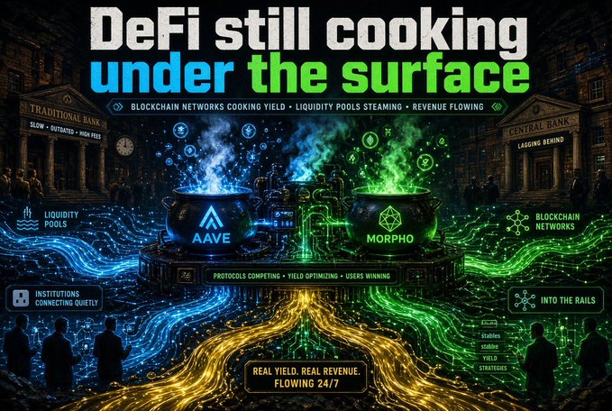 A vibrant graphic titled 'DeFi still cooking under the surface' showing two magical cauldrons labeled AAVE and MORPHO with glowing blue and green steam, contrasted against 'TRADITIONAL BANK' and 'CENTRAL BANK' buildings, highlighting liquidity pools and blockchain networks.