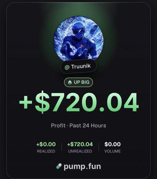 A pump.fun profit card for @Truunik showing +$720.04 in unrealized profit over the past 24 hours with an 'UP BIG' indicator.