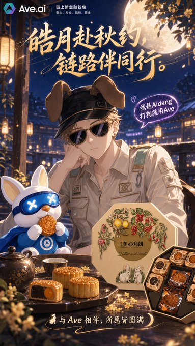 An Ave.ai promotional poster featuring an anime character with sunglasses and a dog-ear hat next to a mascot in blue, with mooncakes and Chinese text reading '皓月赴秋约, 链路伴同行'.