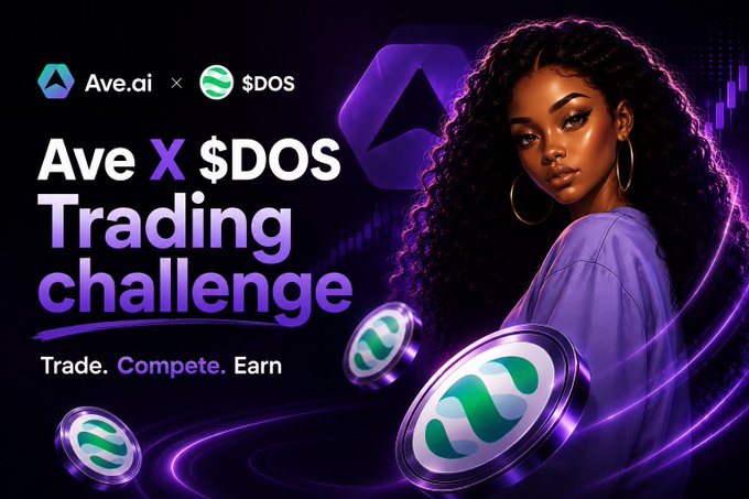 An advertisement for the "Ave X $DOS Trading Challenge" by Ave.ai features a woman with curly hair surrounded by purple lighting and $DOS coin graphics.