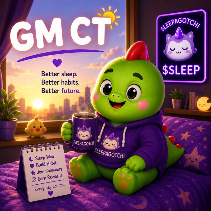 The image features a cartoon green dinosaur sitting on a bed with a cup of coffee in its lap. The text above the dinosaur reads "GM CT Sleep", which suggests that this is an advertisement for a project called GMCT, or Global Media Cointegration Trading. The project focuses on combining healthy habits and community participation to create a simple but powerful investment strategy.