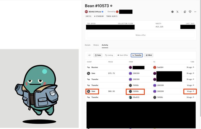 A green Bean (Beanz #10573) character stands beside an OpenSea activity log showing a recent "Sale" event of the NFT for Ξ0.18 from user 7d98b6 back to the wallet, marking the return of the prized Azuki Elemental to its original owner.