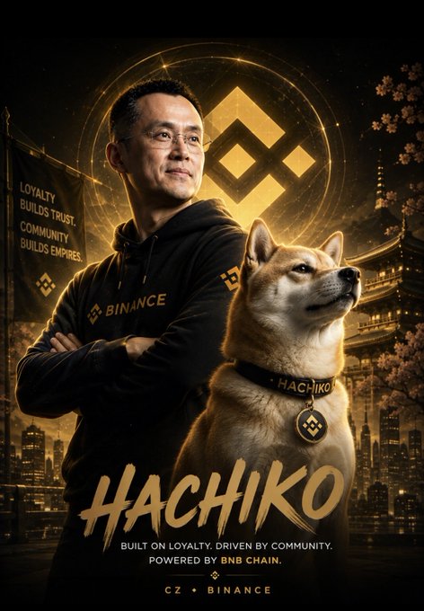 A promotional poster for CZ and Binance features a man in a black Binance hoodie standing next to a Shiba Inu dog wearing a 'HACHIKO' collar, with text reading 'HACHIKO', 'LOYALTY BUILDS TRUST. COMMUNITY BUILDS EMPIRES.', and 'BUILT ON LOYALTY. DRIVEN BY COMMUNITY. POWERED BY BNB CHAIN.'