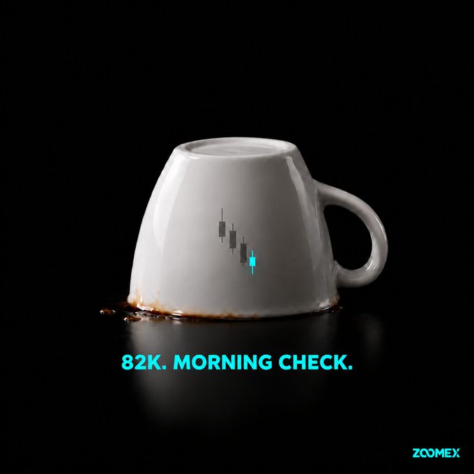 An upside-down white coffee mug with coffee stains sits against a black background, displaying a candlestick chart graphic and the text "82K. MORNING CHECK." The image cleverly illustrates the post's message about Bitcoin dropping from ~87k to ~82k—visually representing a "morning check" that left traders feeling like their day started off on the wrong foot.