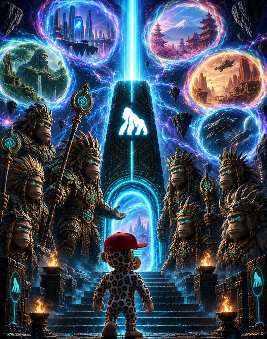 A digital fantasy artwork shows a small figure in a red cap and leopard-print outfit standing on stairs, facing a massive dark portal surrounded by tribal statues and portals to other worlds.