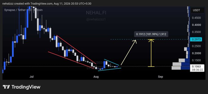 A TradingView candlestick chart for the NEHAL.FI token (NEHALZZZ1) on the Synapse/Tether pair, showing a descending channel pattern with a projected price target of 0.1912 representing a 181.99% gain.