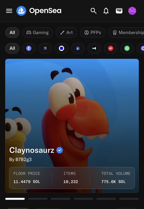 OpenSea NFT marketplace screenshot showing the 'Claynosaurz' collection by B7B2g3 with a floor price of 11.4479 SOL, 10,232 items, and a total volume of 775.6K SOL.