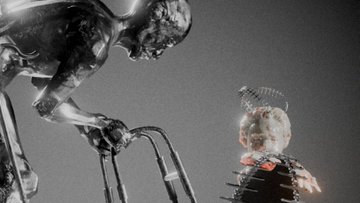 A close-up of a metallic figurine reaching toward a small, spiky caterpillar with a reddish face.